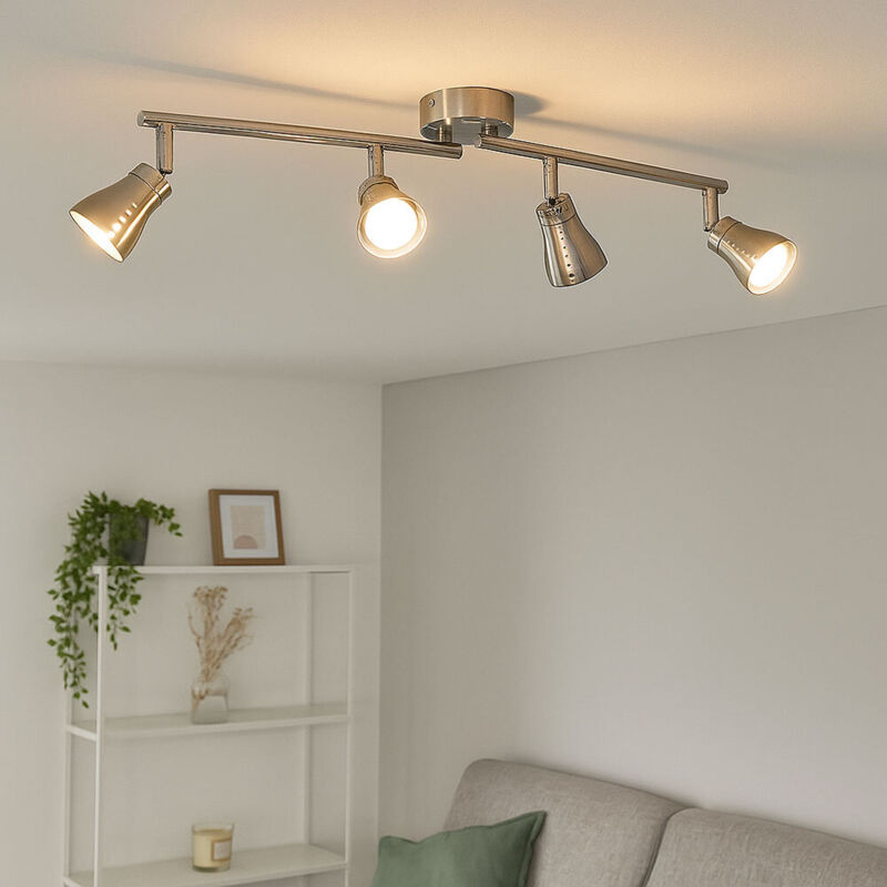 Plafonnier spot 4 lampes Plafonnier argent salon plafonniers, spots led métal mobile, 4x GU10 4x 3 watts 4x 280 lm, LxlxH 62,5x8x16 cm