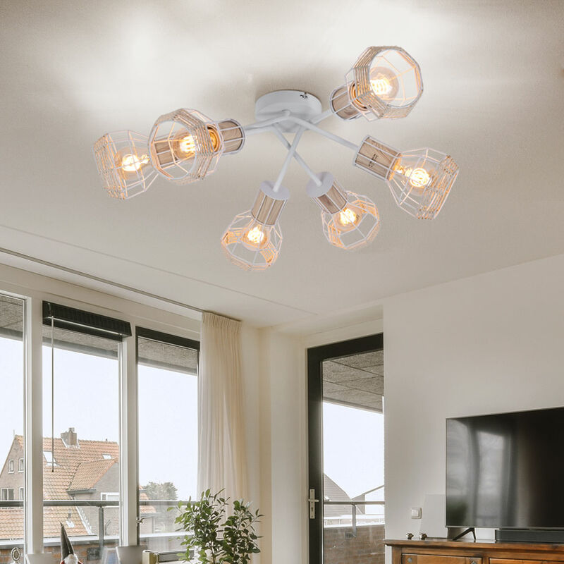 Plafonnier spot 6 ampoules spot abat-jour cage plafonnier raphia blanc, métal, naturel, 6x douilles E27, DxH 70x24 cm