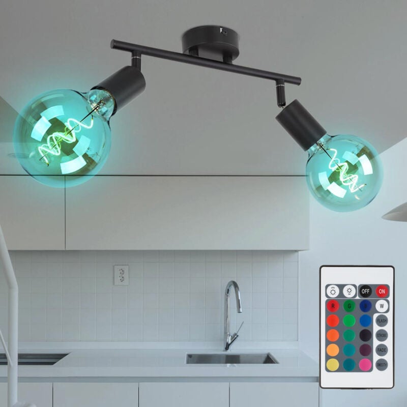 Plafonnier spot à 2 flammes, plafonnier orientable spot noir, métal, télécommande dimmable, 2x led rvb 8,5W 806Lm blanc chaud, LxPxH 30x8x15,5 cm