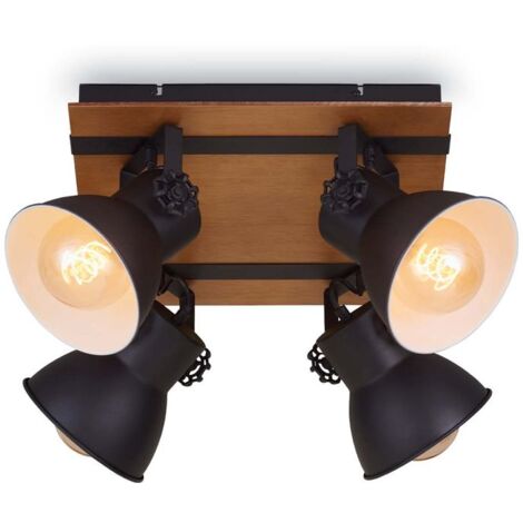 Plafonnier Spot BRILONER LEUCHTEN TEMPA, 60 W, IP20, noir, métal-bois, excl. 4x E27, 38 x 38 x 21 cm