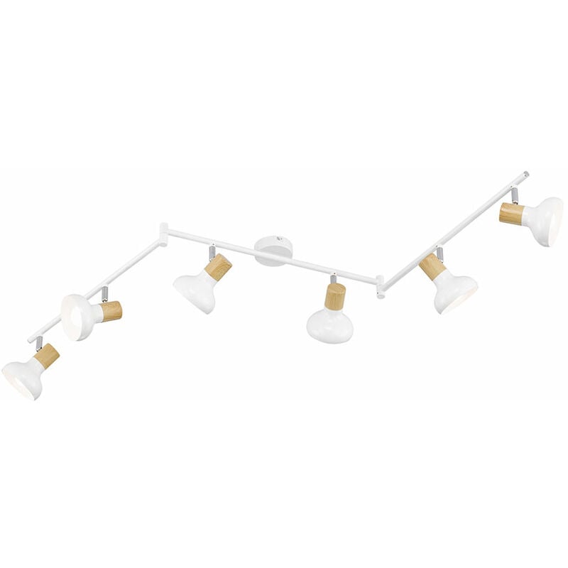 Plafonnier, spot de plafond, lampe de chambre, bande spot, 6 flammes, réglable, métal, aspect bois, blanc, 6x douilles E14, LxlxH 150x13x16 cm
