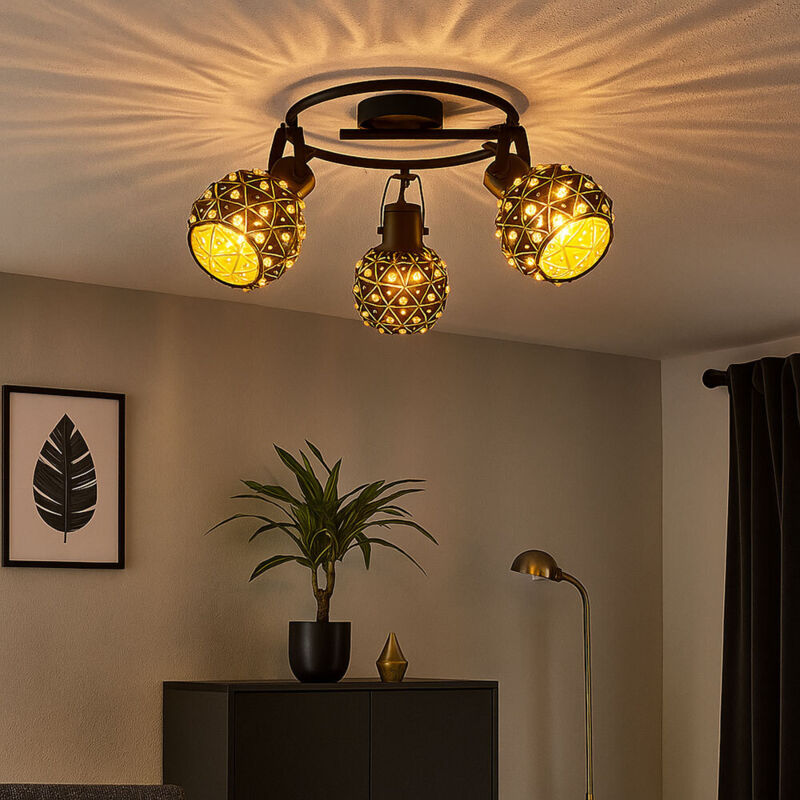 Plafonnier, spot de plafond, lampe de cuisine, lampe de salon, aspect cristal, spots mobiles, 3 flammes, métal noir or, 3 x E27, h 29 cm