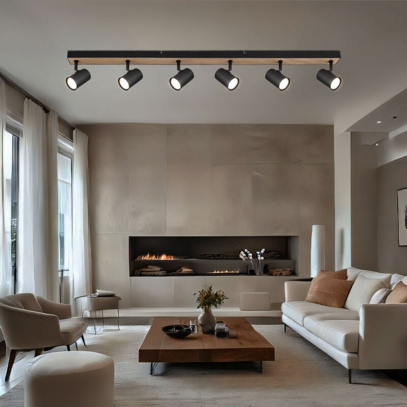 Plafonnier spot de plafond noir Spot Spot bande 6 flammes, mdf aspect bois scandinave, 6x douilles GU10, LxPxH 115x6x13,5cm