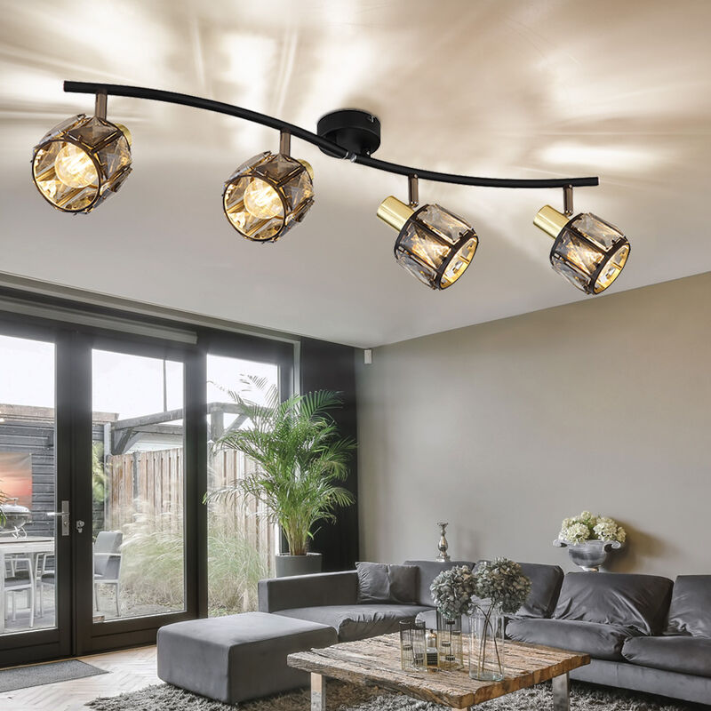 Plafonnier spot de plafond lampe de salon lampe de chambre lampe de salle à manger, métal verre noir or fumé, spots mobiles 4 ampoules E14, l 70 cm