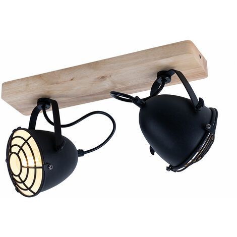 Plafonnier spot lampe de salon plafonnier lampe de salle à manger, métal noir grille bois naturel, 2 ampoules E14 spots mobiles, L 36 cm