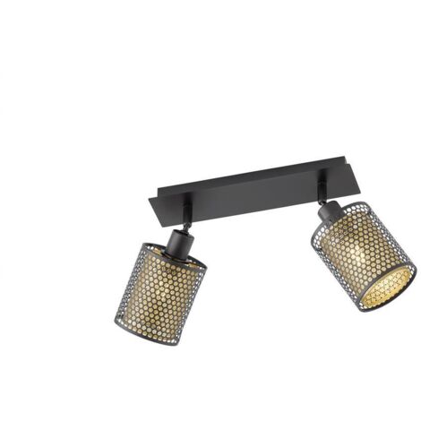 Plafonnier spot noir doré 2 flammes orientable Plafonnier 2 spots vintage, fer acier, aspect grille, 2x douilles E14, LxPxH 30x10x21 cm, Wofi 12108