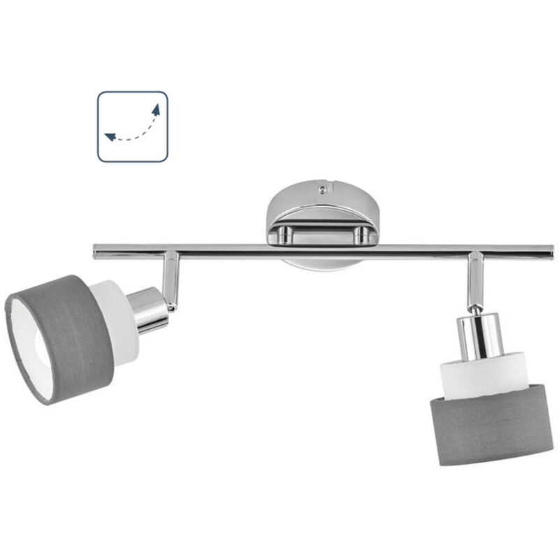 Plafonnier, spot plafond, lampe chambre, spot plafond, bandeau spot orientable, 2 flammes, acier textile, gris chrome, 2x douille E14, LxlxH 48x9x20cm