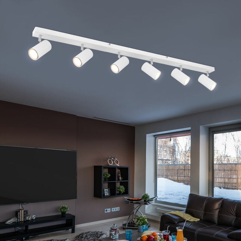 Plafonnier spot plafonnier 6 flammes spot blanc, spots mobiles, lampe de salon métal, 6x douilles GU10, LxPxH 115x6x12cm