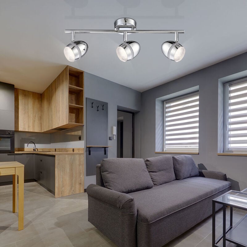 Plafonnier spot plafonnier lampe de salon, 3 spots mobiles, métal chromé, 3x led 3 watts 200 lumens blanc chaud, LxH 46x16,5cm