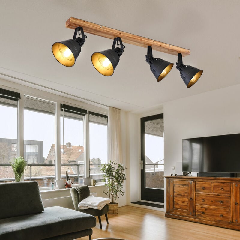 Plafonnier spot plafonnier éclairage intérieur métal salon bois spots réglables, noirmarron, 4x E27, Lxl 82x24 cm