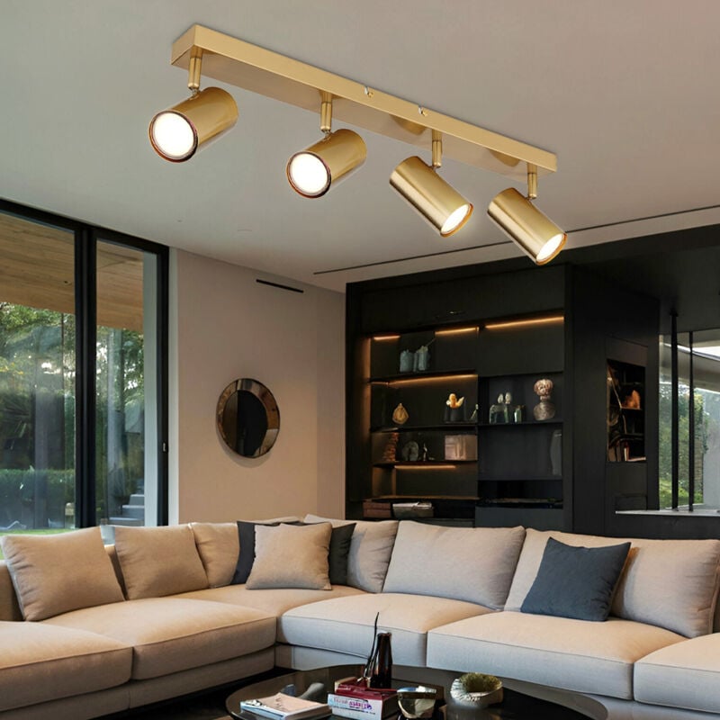 Spot de plafond Plafonnier à 4 lampes Lampe de salon dorée Plafonnier, spots mobiles, 4x douilles GU10, LxlxH 56x6x12 cm