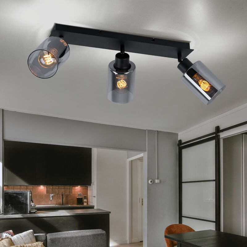 Plafonnier, spot orientable, plafonnier noir pour salon, 3 flammes, métal, verre fumé, 3x douilles E27, LxH 47x21,5 cm