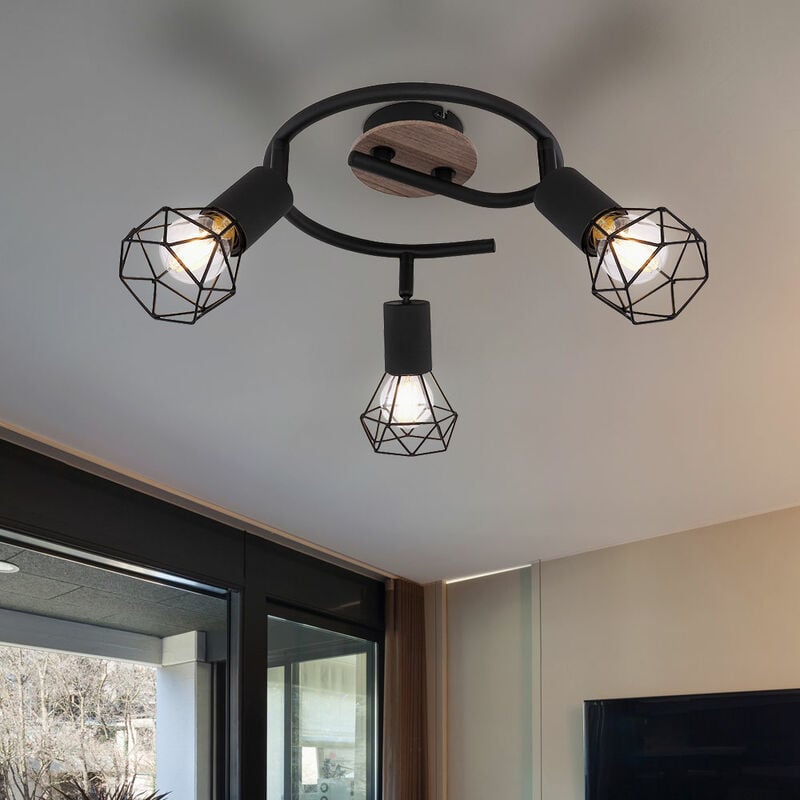 Plafonnier spot Rondell bois lampe de salon industriel Rondell plafonnier 3 flammes à régler, grille métal noir, 3x douilles E14, DxH 23x21,5 cm
