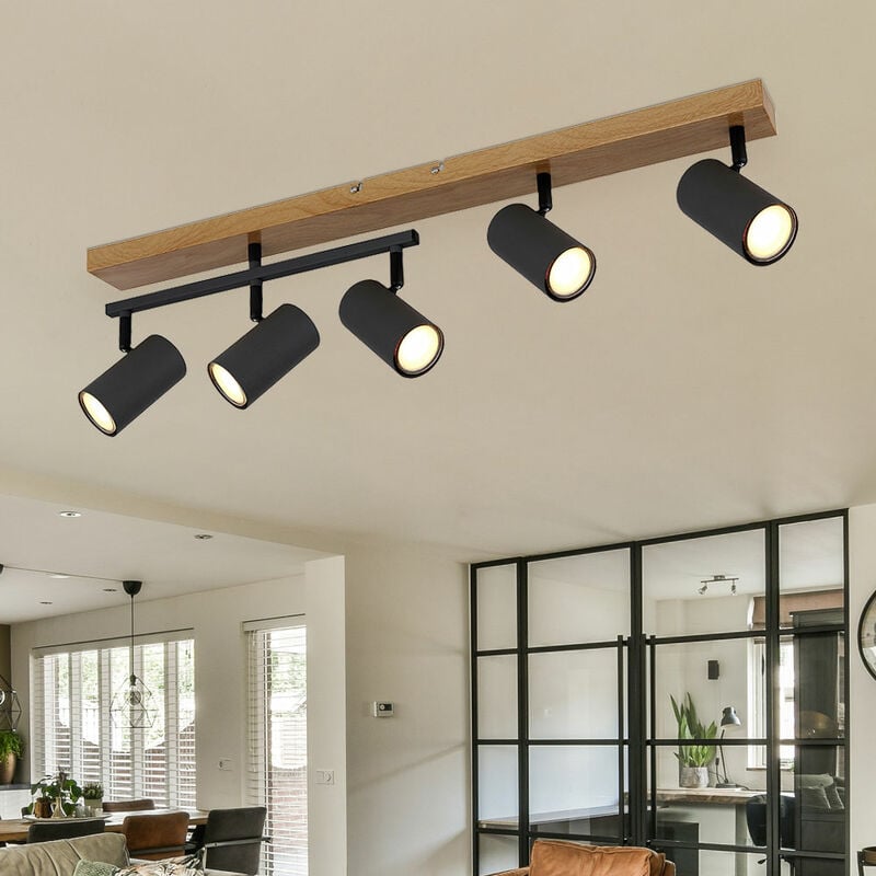 Plafonnier spots aspect bois salle à manger GU10 noir 5 flammes plafonnier orientable pivotant, métal graphite, 5x GU10, LxPxH 70x35x17 cm