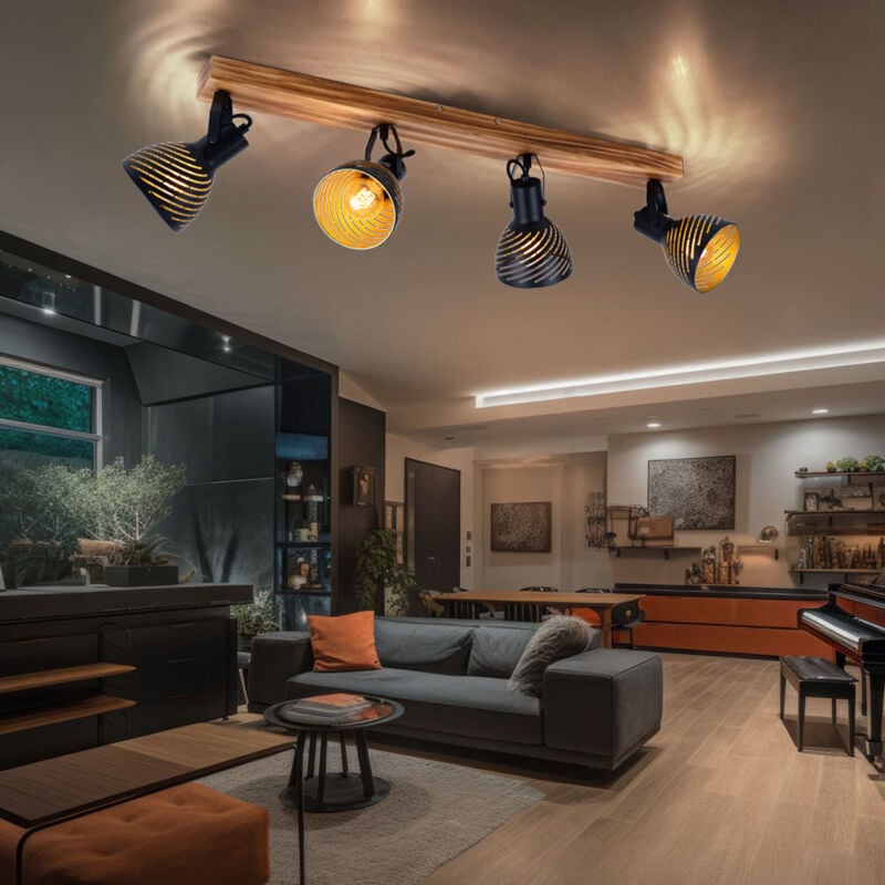 Plafonnier spots de plafond couleur or marron, luminaire de salon à 4 lampes avec spots orientables, métal bois, 4x douille E27, LxlxH 80x12,5x25 cm