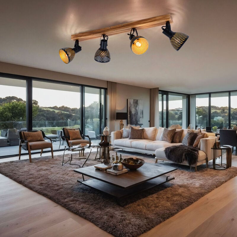 Plafonnier spots de plafond couleur or marron, luminaire de salon à 4 lampes avec spots orientables, métal bois, 4x douille E27, LxlxH 80x12,5x25 cm