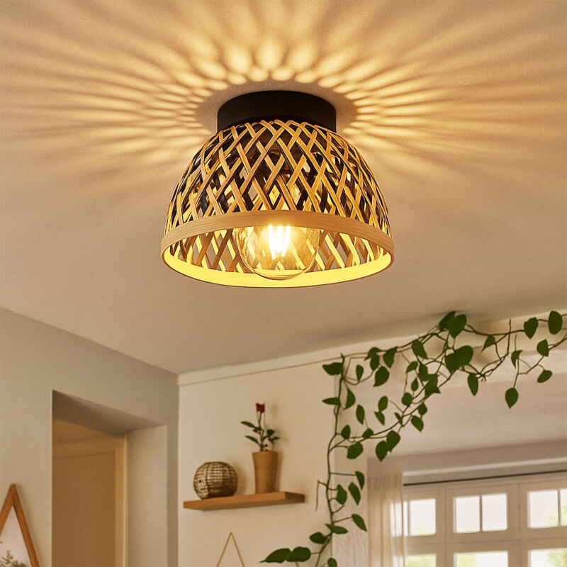 Plafonnier style bohème chambre plafonnier marron plafonnier bambou, abat-jour tressé naturel, bois métal noir, 1x douille E27, DxH 20x17,5 cm