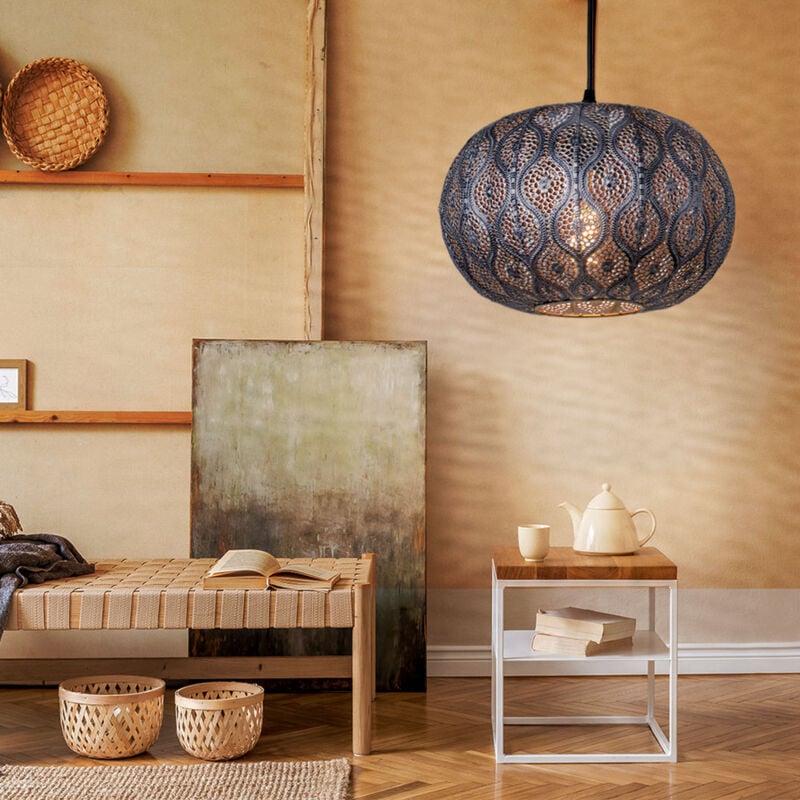 Plafonnier suspendu au design oriental avec abat-jour rond, noir argent métallisé, 1x E27, DMxH 30x120cm, salon salle à manger