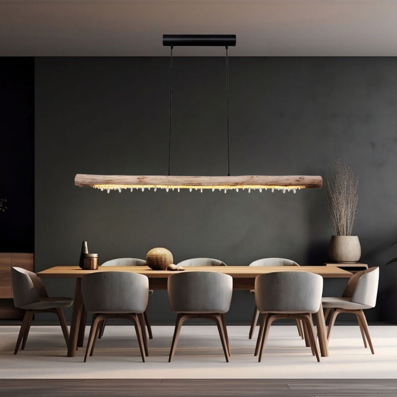 Plafonnier suspendu poutres en bois suspension naturelle décor cristal lampe suspendue, 1x led 20 watt 1030 lumens blanc chaud, LxPxH 120x7x150cm,