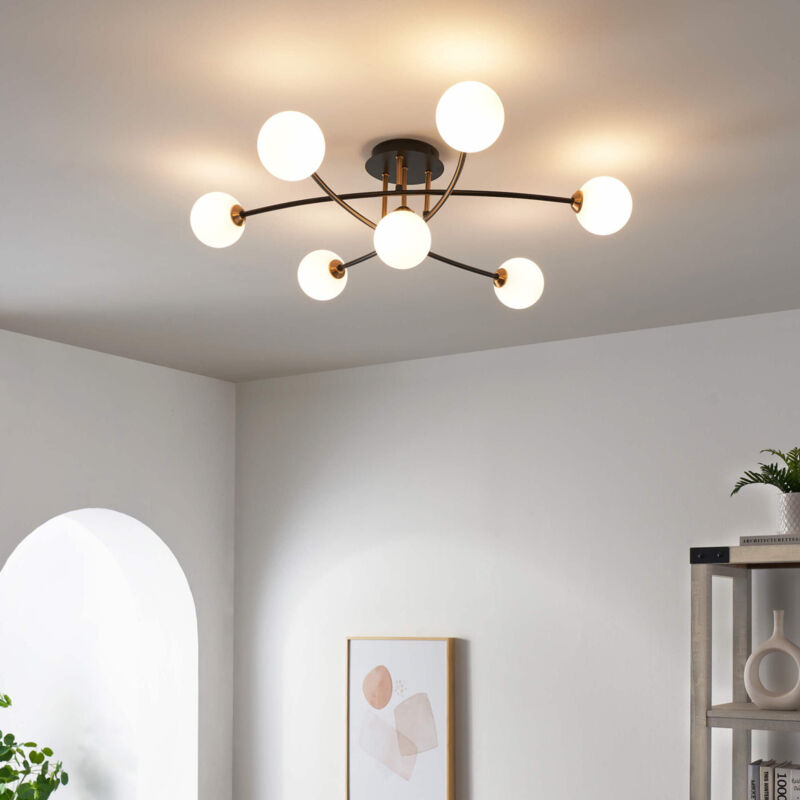 Kosilum - Plafonnier tendance métal noir et verre blanc - Estrela