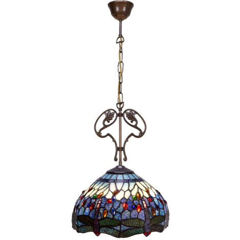 Plafonnier Tiffany moyen avec ornement en fonte et chaîne diamètre 30 cm Série Belle Epoque