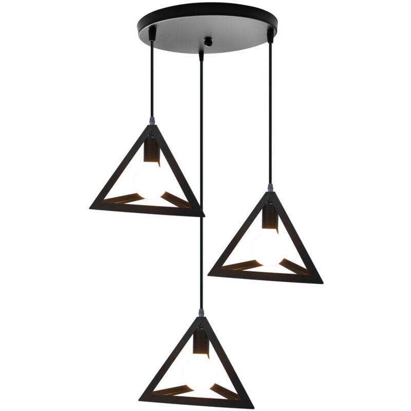 Norcks - Plafonnier Triangulaire En Métal Suspension Luminaire Moderne à 3 Lumières E27, Noir Pour Loft, Café, Bar, Restaurant