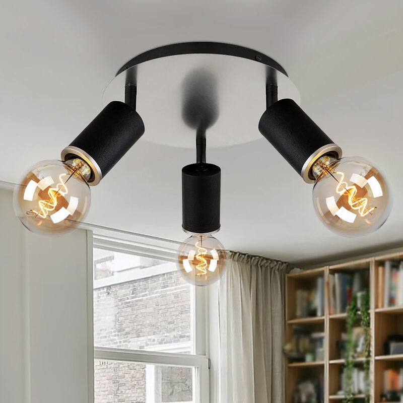 Plafonnier, trois spots, spot de plafond, spot orientable, 3 flammes, noir, métal, bois, 3x douilles E27, DxH 28x18 cm