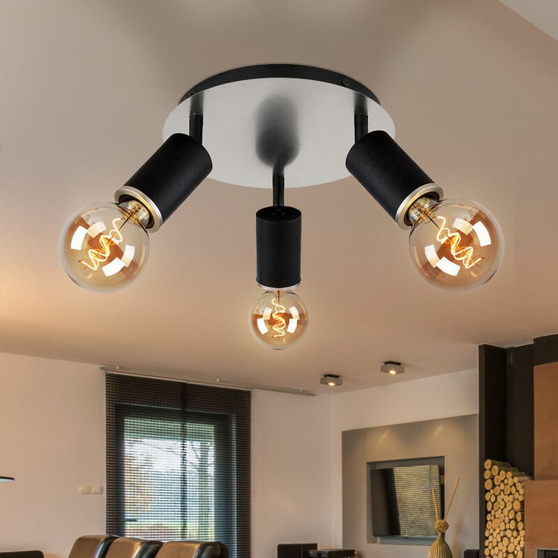 Plafonnier, trois spots, spot de plafond, spot orientable, 3 flammes, noir, métal, bois, 3x douilles E27, DxH 28x18 cm