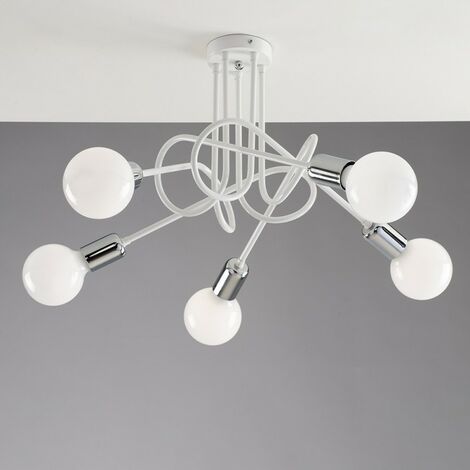 Plafonnier urbain en fer blanc avec finition chromée cinq lumières 52x h33 cm