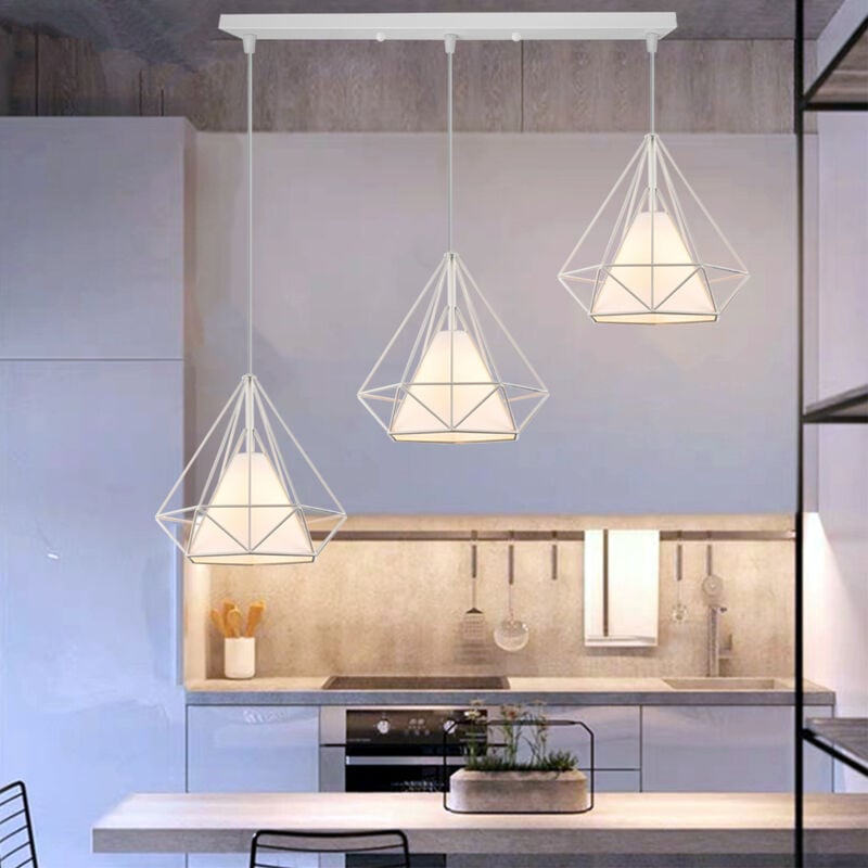 Plafonnier Vintage 3 Supports De Lampe Lustre En Fer Métal Blanc 25CM Suspension Luminaire Rétro E27