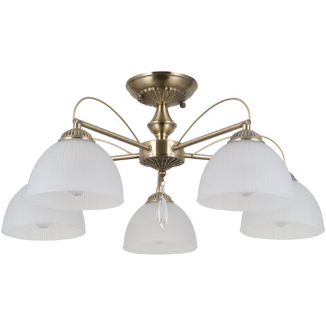 Plafonnier vintage laiton, globes opale 5xE27 Italux