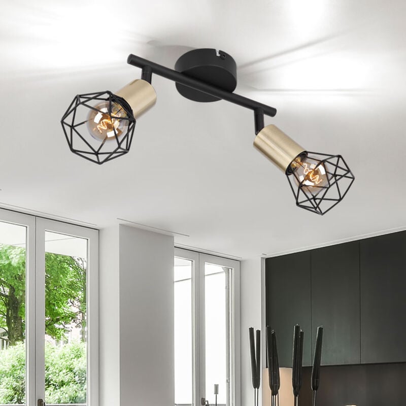 Plafonnier vintage plafonnier spot 2 flammes métal noir, spots mobiles, treillis métallique rétro doré, 2x douilles E14, HxLxP 20x22x8 cm