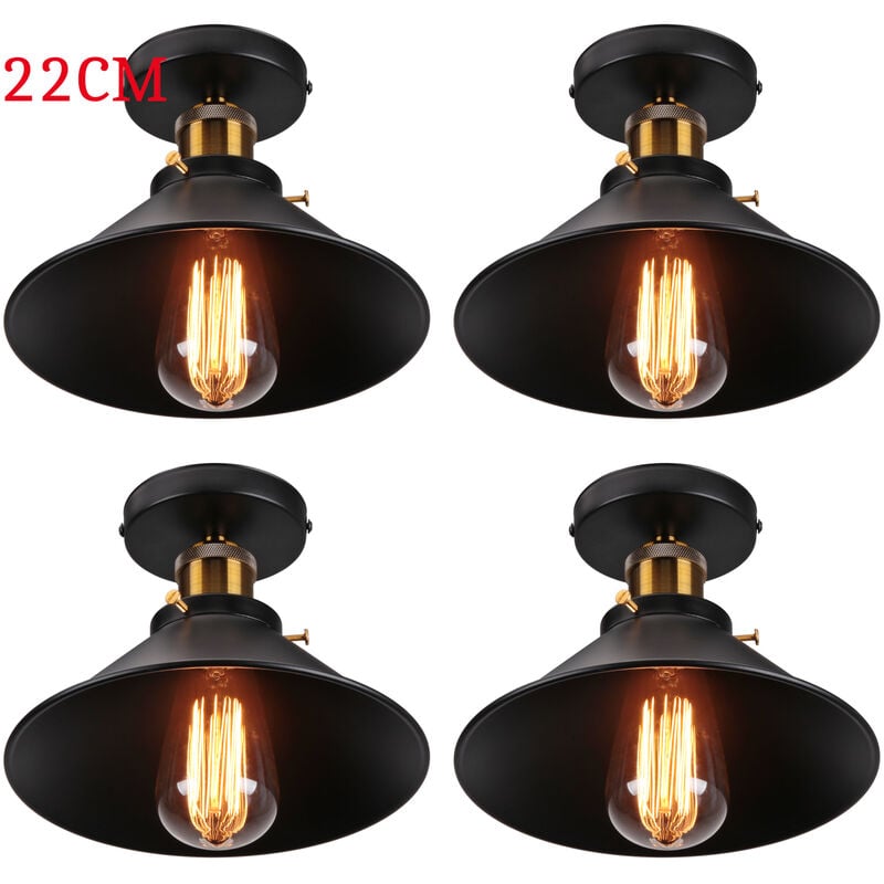 Plafonnier Vintage Rétro Lampe de Plafond Industrielle Fer Abat-jour 22cm Noir 4PCS