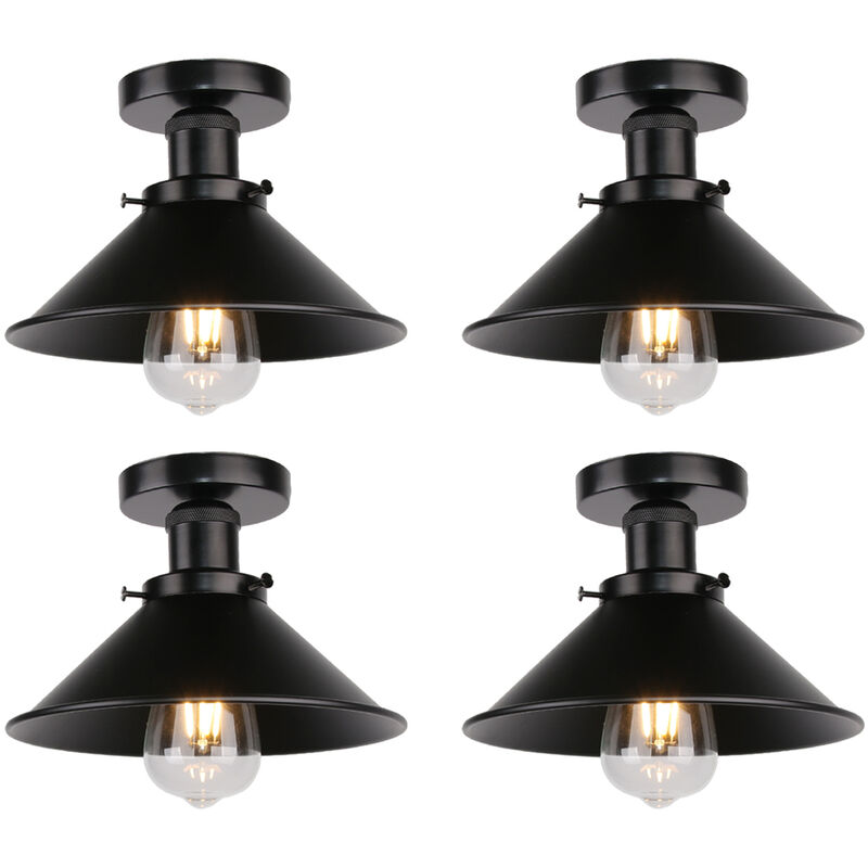 Plafonnier Vintage Rétro Lampe de Plafond Industrielle Fer Abat-jour 22cm Tout Noir 4PCS