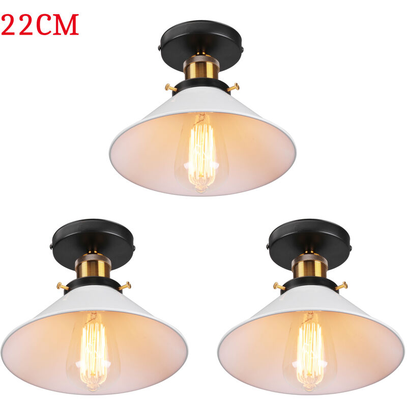 Plafonnier Vintage Rétro Lampe de Plafond Industrielle Fer Abat-jour 22cm Blanc 3PCS
