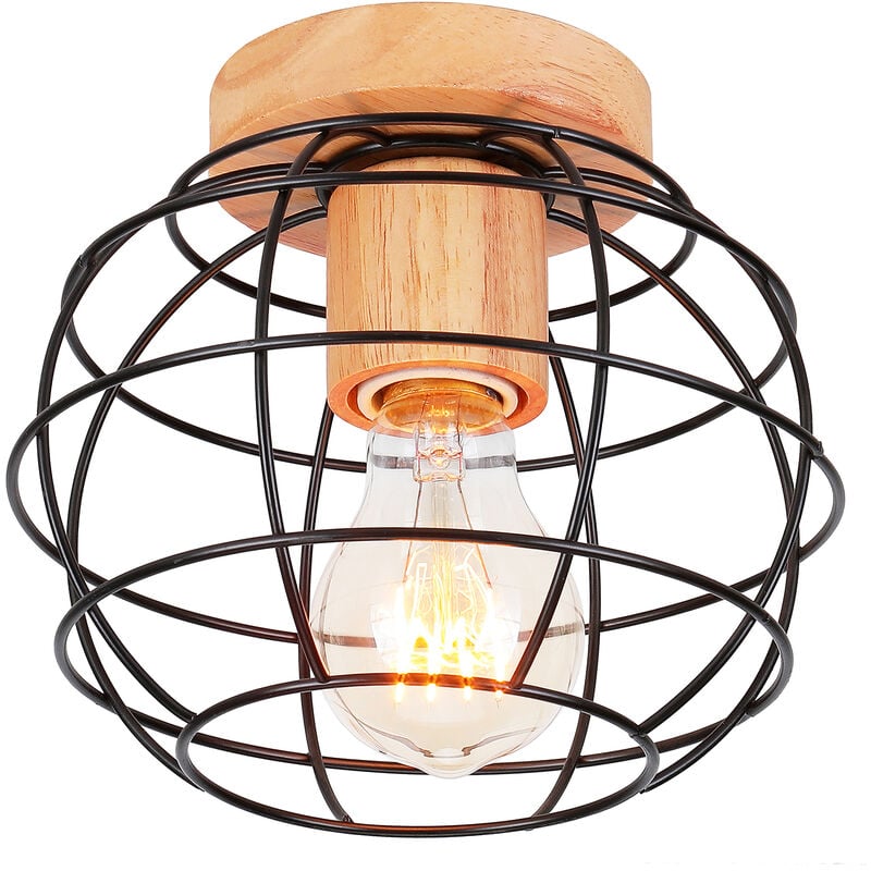 Plafonnier Vintage Rétro Luminaire Industrielle en Métal et Bois E27 40W Noir