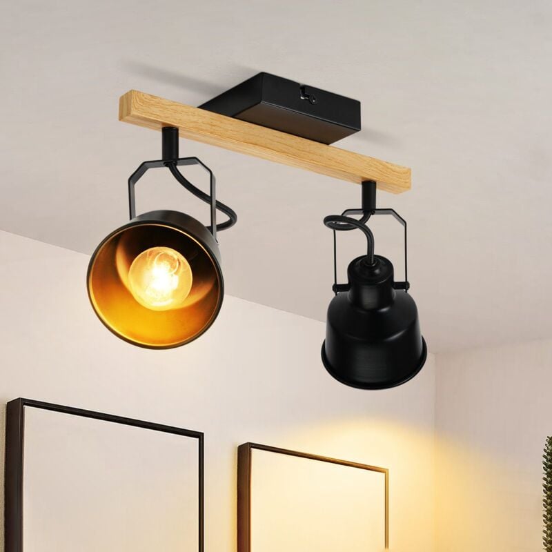 ZMH - Plafonnier 2 Spots Noir : Plafonnier Vintage Pivotant 350° MAX.25W Douille E14 Industriel Grain Bois Spot Bar pour Salon Chambre Bureau (sans