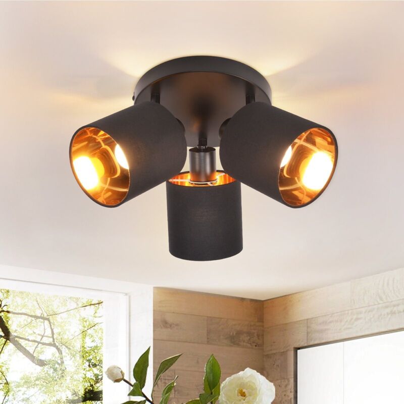 ZMH - Plafonnier 3 Spots de Plafond Noir - Plafonnier Spot de Plafond Vintage E14 Pivotant 350° MAX.25W Écran en Tissu Moderne pour Salon Chambre