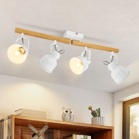 Plafonnier  ZMH Spot de Plafond 4 Ampoules Blanc : Vintage Pivotant 350° MAX.25W Douille E14 Industrielle Grain de Bois Spot Bar pour Salon Chambre Bureau (sans Ampoule)