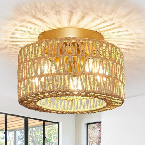Plafonnier,Lustre Plafond - Abat-Jour Tressé Naturel Bohème, Ø30cm - E27 (Ampoule Non Incluse) - Pour Chambre, Salon, Salle à Manger