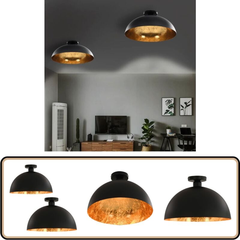 Plafonniers 2 pcs Noir et doré Semi-sphérique E27 - Luminaires Intérieurs - Plafonniers Modernes - Éclairage Intérieur - Lampadaire Suspendu