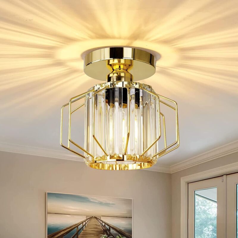 Plafonniers Moderne en Cristal Métal Lustre Abat-jour Luminaire LED E27 Lampe de Plafond pour Salon Chambre Cuisine Couloir, Doré