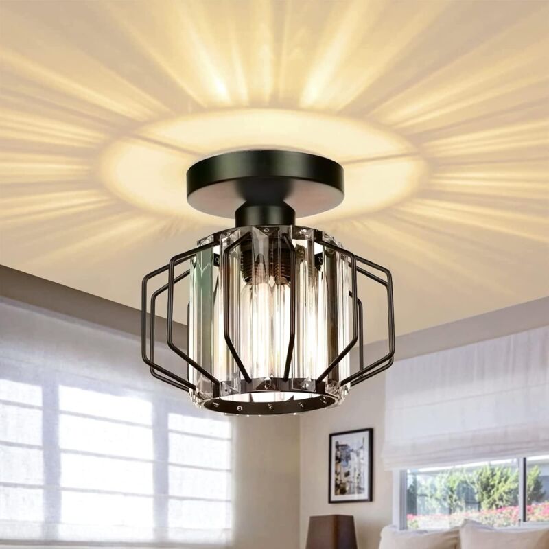 Plafonniers Moderne en Cristal Métal Lustre Abat-jour Luminaire LED E27 Lampe de Plafond pour Salon Chambre Cuisine Couloir, Noir