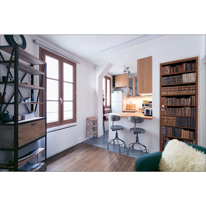 Sticker mural trompe l'oeil bibliothèque ancienne, livres vintage marron, 204 cm X 83 cm