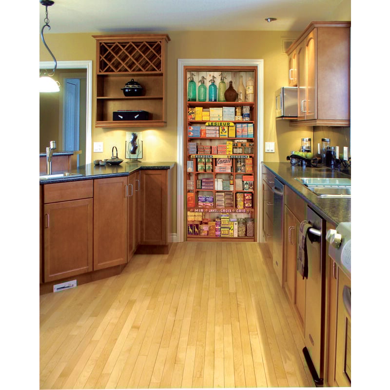 Sticker mural décoratif vintage, étagère en bois, épicerie ancienne, emballages et bocaux anciens, 204 cm x 83 cm pour porte