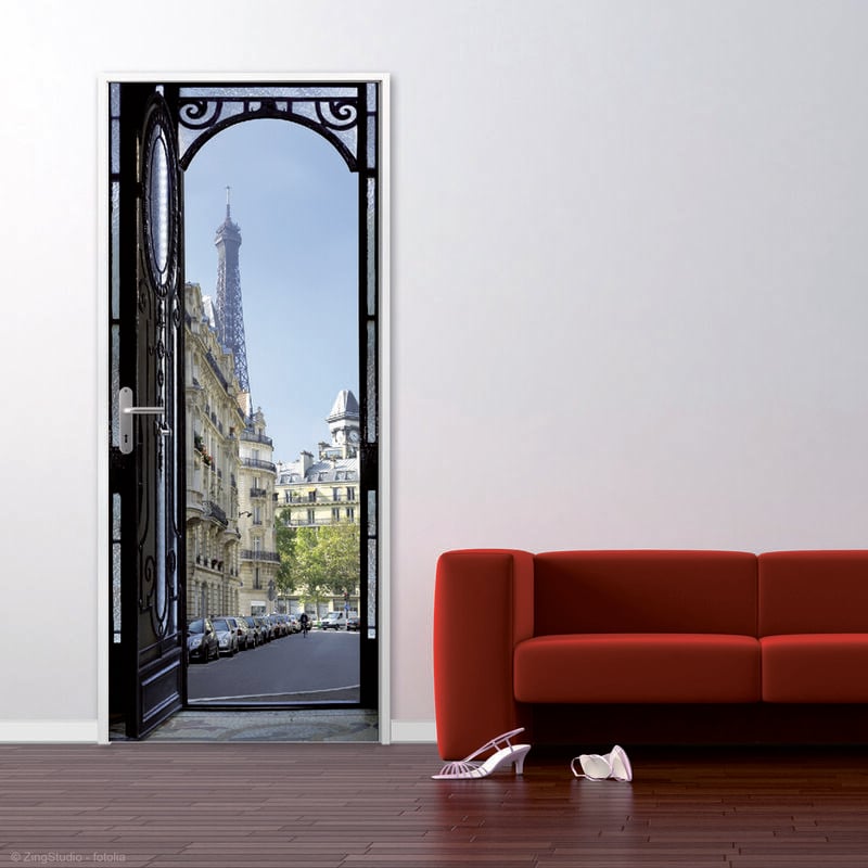 Sticker mural décoratif Paris, 204 cm x 83 cm, Tour Eiffel, voiture, immeubles, porte en fer noir ouverte