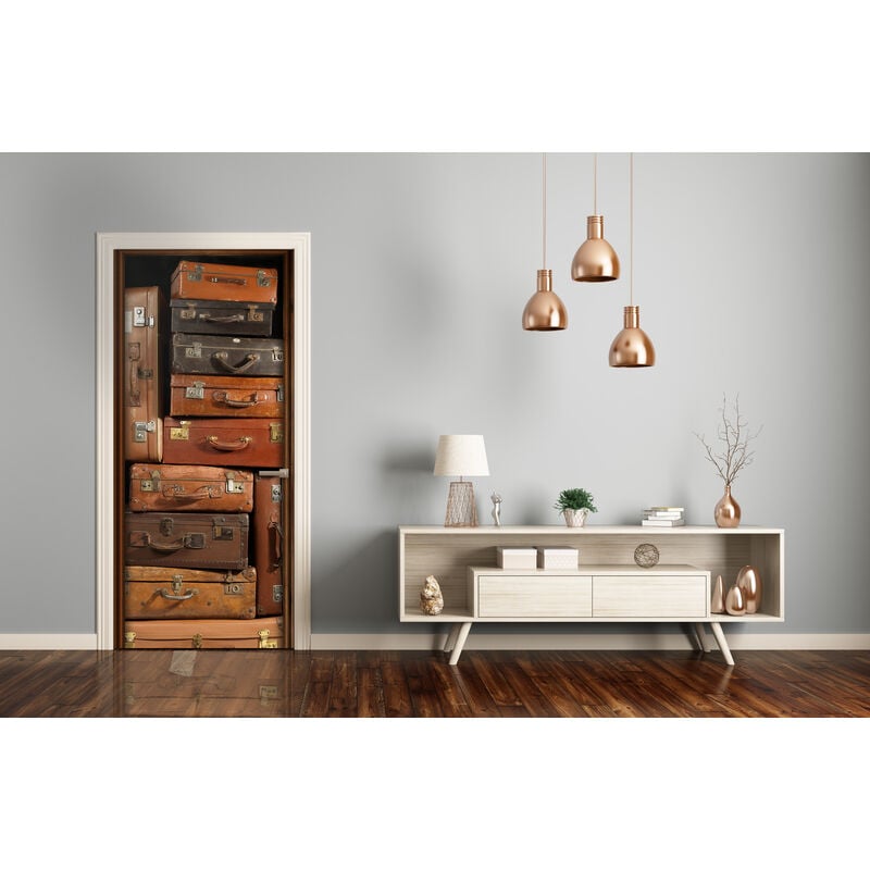 Sticker mural industriel chic et rétro 83 cm x 204 cm - Déco vintage avec effet vieille valise pour porte - Look vintage et chic pour votre intérieur.