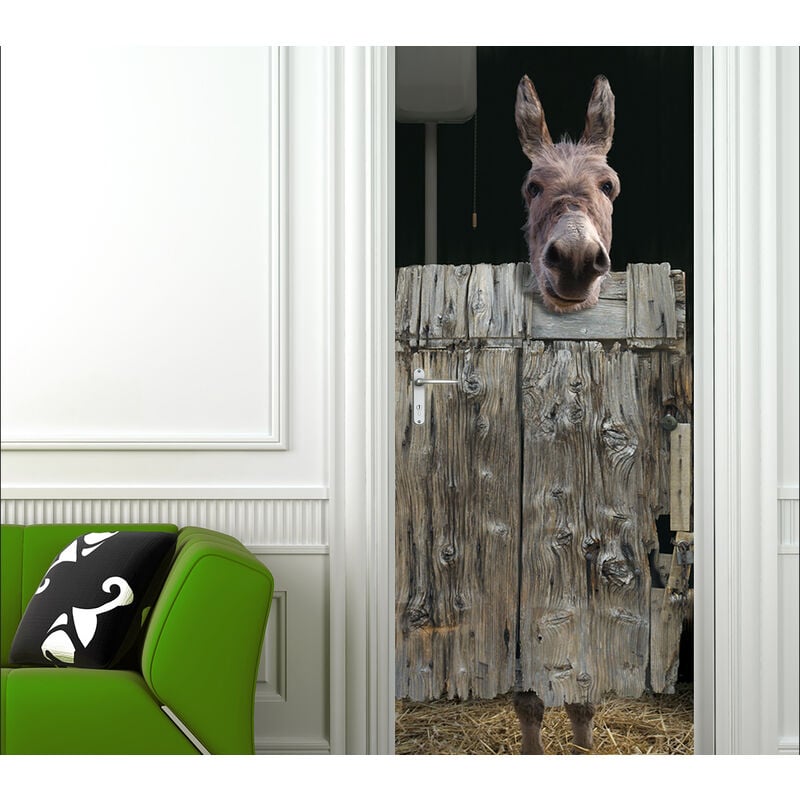 Sticker mural décoratif pour porte, trompe l'oeil, âne dans une étable avec de la paille et des toilettes, 204 cm X 83 cm