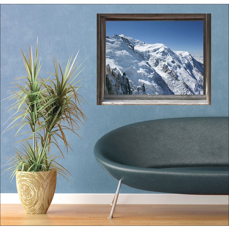 Sticker Fenêtre 3D Neige Montagne Ciel Bleu 60x75cm - Déco Trompe l'Oeil Ambiance Ski Alpin