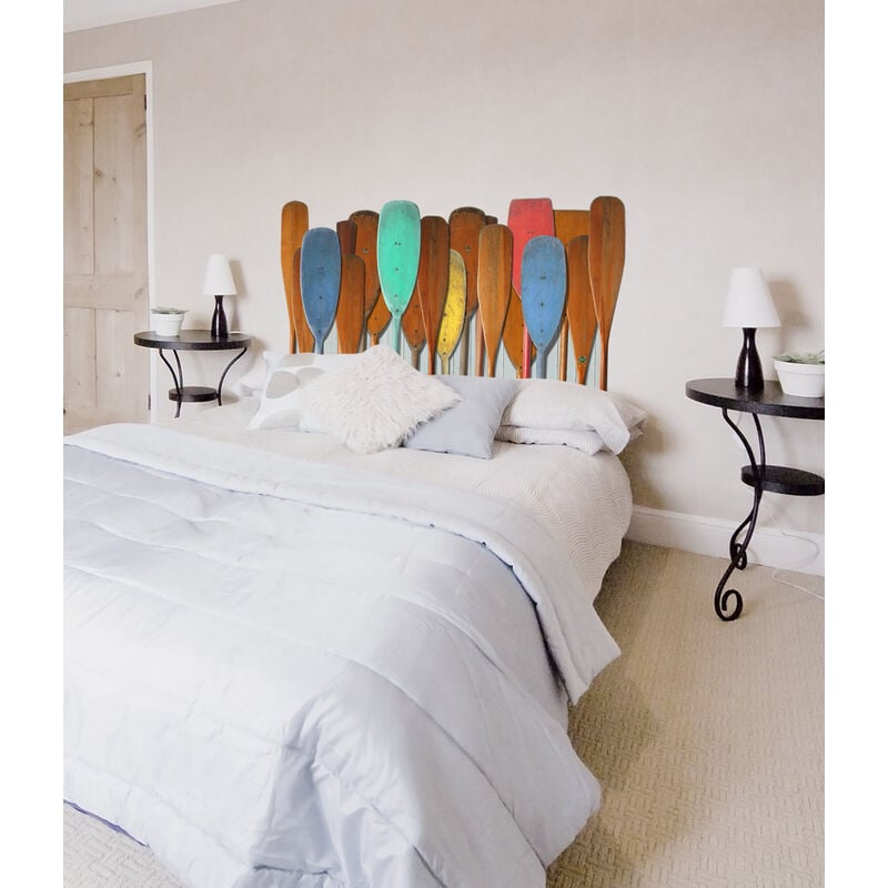 Sticker mural trompe l'oeil tête de lit vintage, décoration murale photo rames en bois multicolores, 60 cm x 160 cm